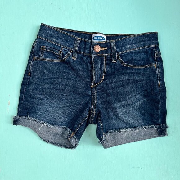 Old Navy Denim Shorts Dark Wash Cuffed Super Short Frayed Girls Size 8 Boho - Picture 1 of 4